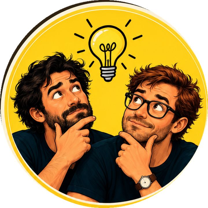Los dos protagonistas de Dos Tipos con Ideas pensando bajo una bombilla